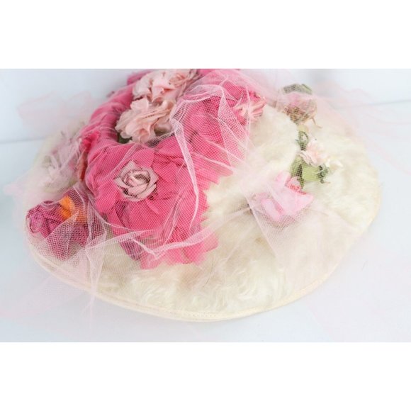 Vintage 20s 30s Flapper Girl Roaring 20s Distressed Flower Lace Fishnet Hat 21\